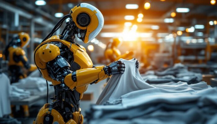 A photograph of a sleek industrial robot in action