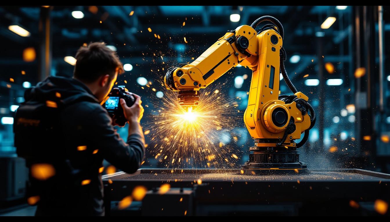 A photograph of a dynamic scene showcasing a photographer using a high-tech camera to capture an industrial robotic arm in action