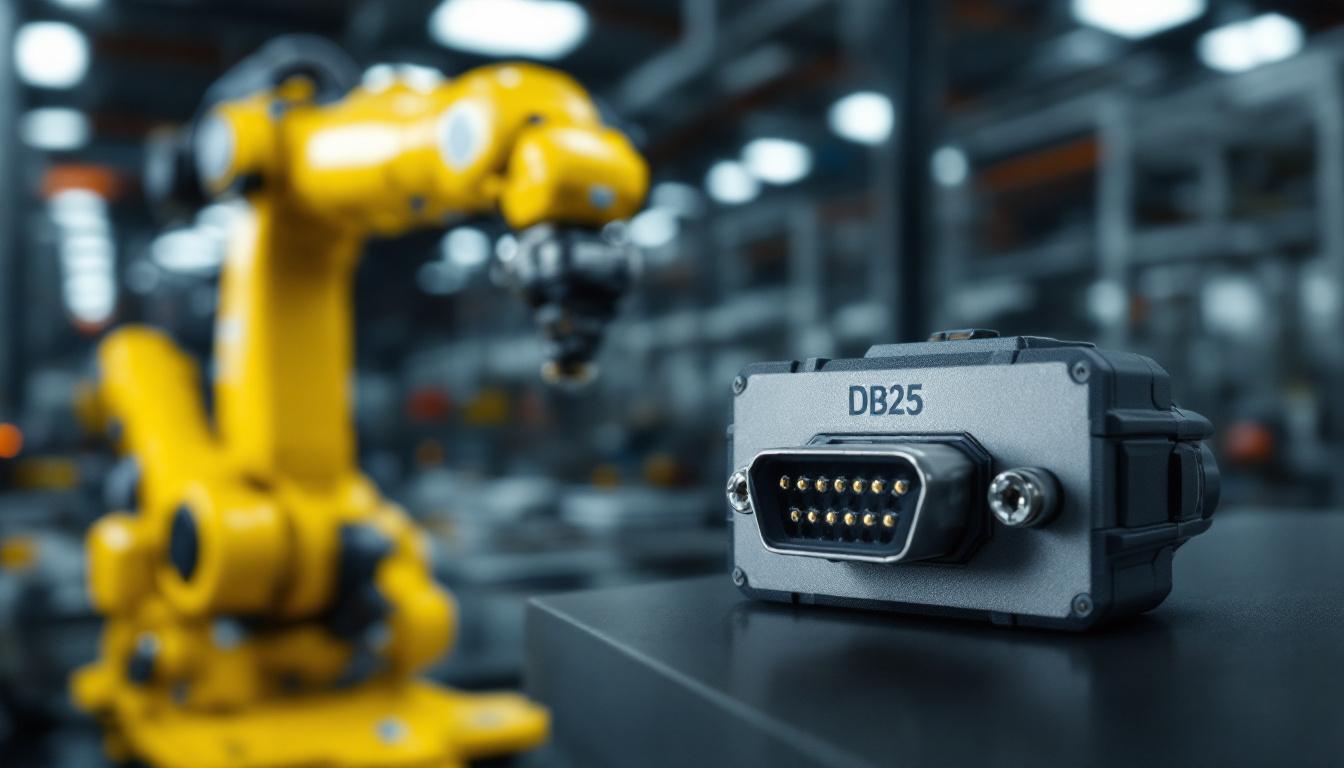 A photograph of a db25 connector alongside an industrial robotic arm in an industrial setting