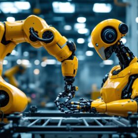 A photograph of a sleek industrial robotic arm in action