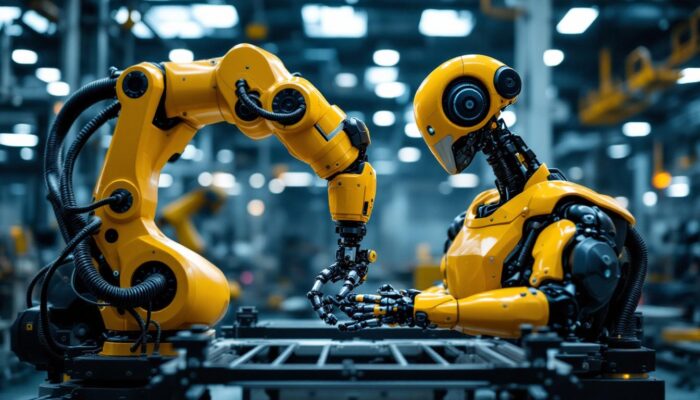 A photograph of a sleek industrial robotic arm in action