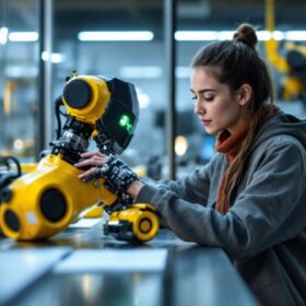 A photograph of a virginia tech student engaging with an industrial robot during a hands-on tour
