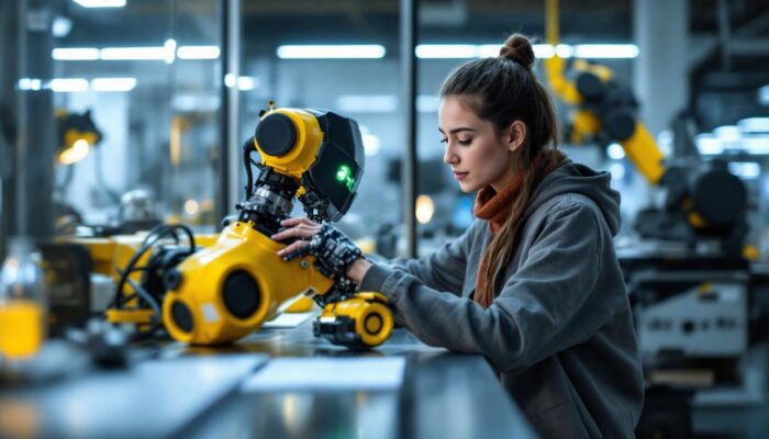 A photograph of a virginia tech student engaging with an industrial robot during a hands-on tour