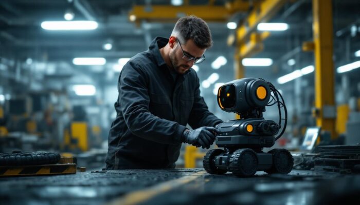 A photograph of a dynamic scene featuring a skilled technician operating a mobile mini robot in an industrial setting