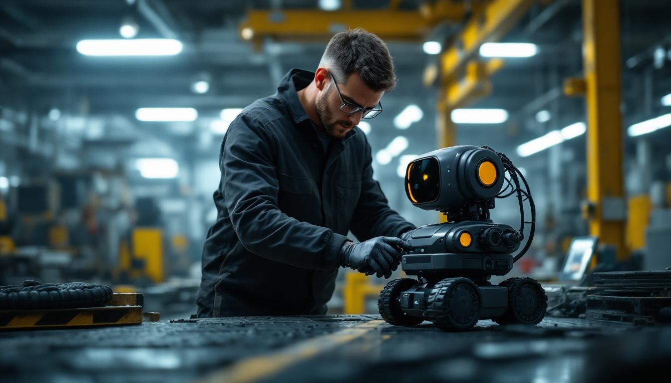 A photograph of a dynamic scene featuring a skilled technician operating a mobile mini robot in an industrial setting