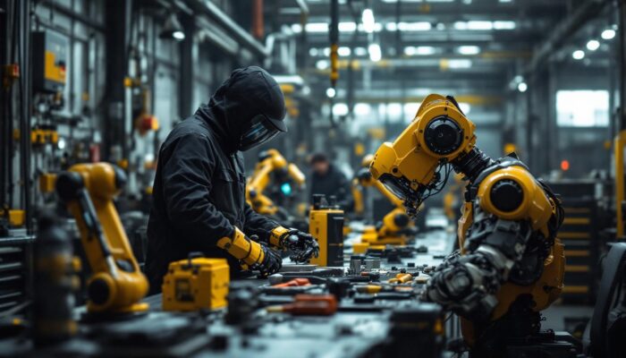 A photograph of capture a photograph of a bustling industrial workspace showcasing a variety of eod (explosive ordnance disposal) tools and equipment alongside advanced industrial robots in action