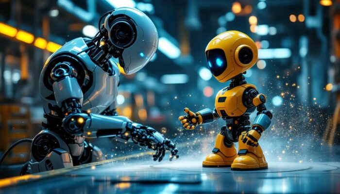 A photograph of a dynamic scene featuring a sleek industrial robot in action