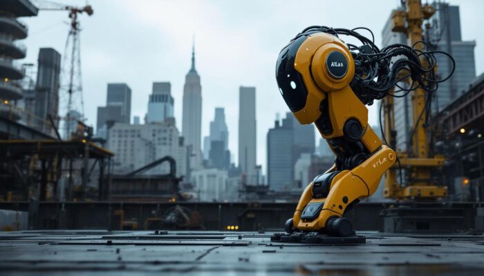 A photograph of a new york city skyline with the new york atlas robot in action amidst an industrial setting