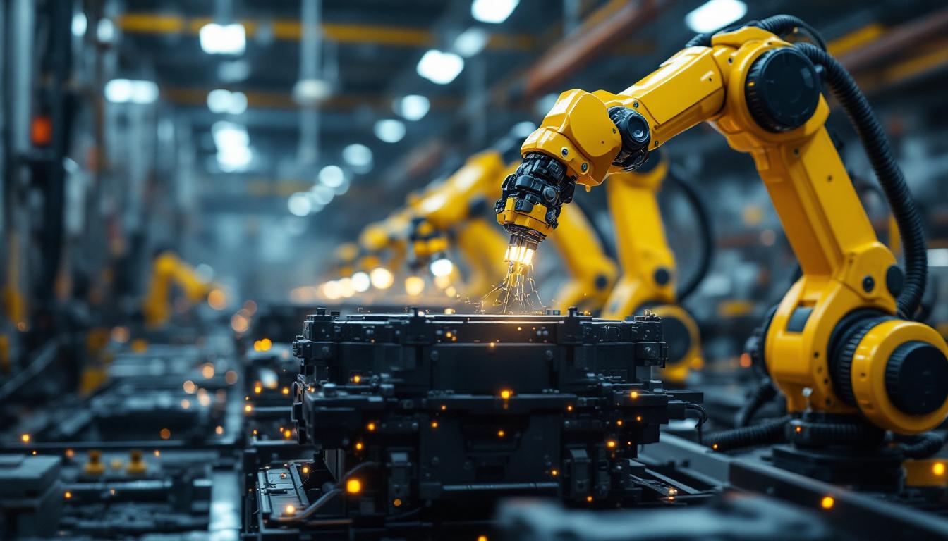 A photograph of a dynamic industrial setting showcasing advanced robotic arms in action