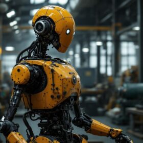 A photograph of a vintage industrial robot in a factory setting