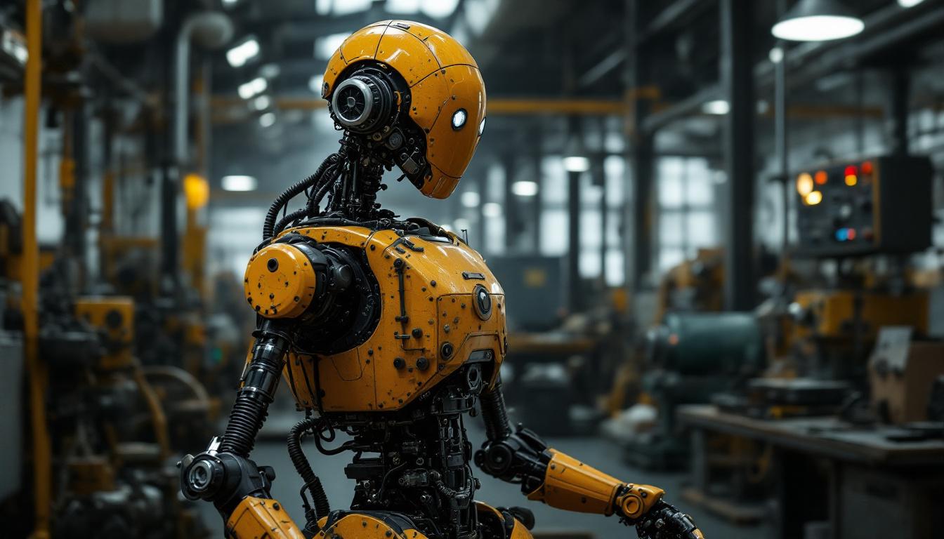 A photograph of a vintage industrial robot in a factory setting
