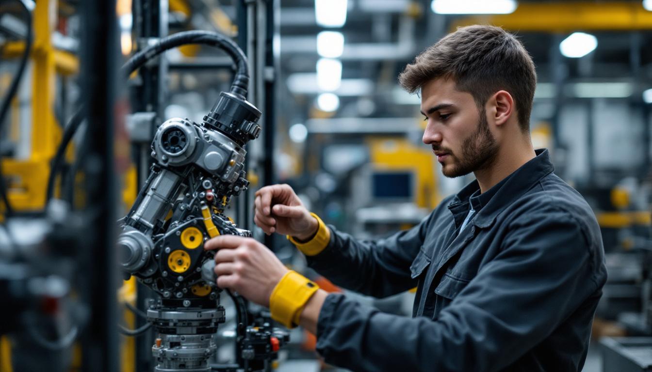 A photograph of a young mechanical engineer working hands-on with industrial robotic equipment in a modern workshop