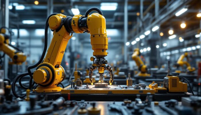 A photograph of a dynamic industrial setting showcasing a robotic arm in action