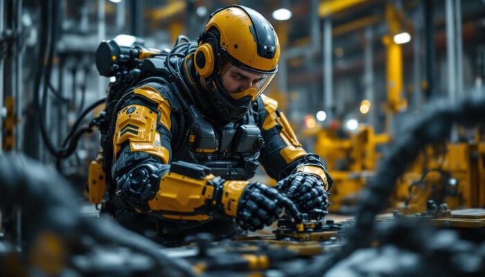 A photograph of a skilled technician operating an advanced eod (explosive ordnance disposal) robot in an industrial setting