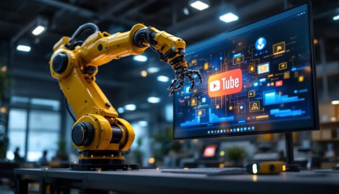 A photograph of a dynamic industrial robotic arm in action