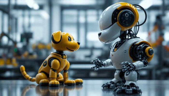 A photograph of a playful robotic dog interacting with an industrial robotic arm in a modern workshop setting