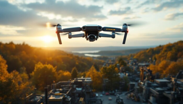 A photograph of a drone flying over a scenic massachusetts landscape