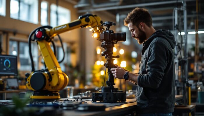 A photograph of a dynamic scene showcasing a photographer using a high-quality camera alongside an industrial robotic arm