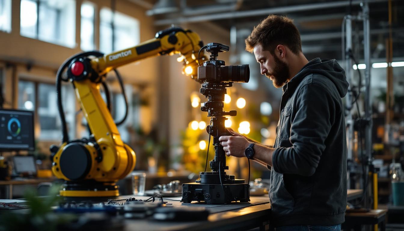 A photograph of a dynamic scene showcasing a photographer using a high-quality camera alongside an industrial robotic arm