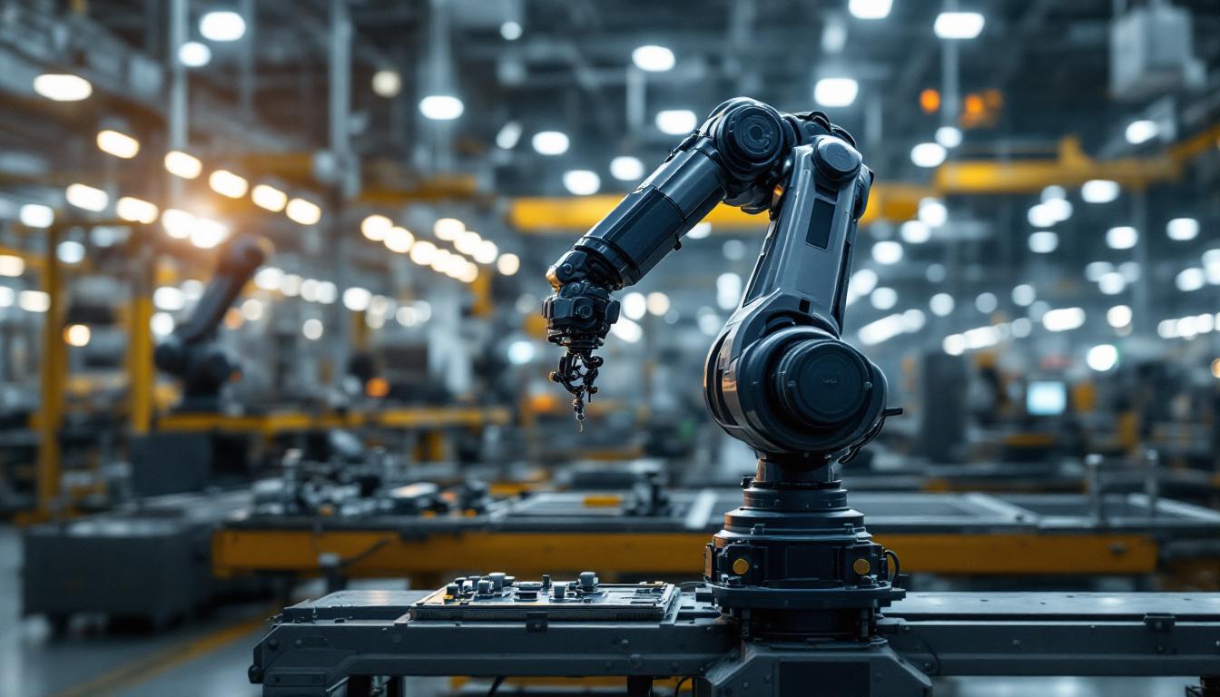 A photograph of a sleek industrial robotic arm in action within a modern manufacturing facility