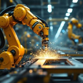 A photograph of a dynamic industrial setting showcasing a dyna electric robot in action