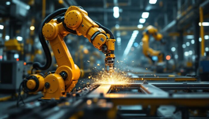 A photograph of a dynamic industrial setting showcasing a dyna electric robot in action