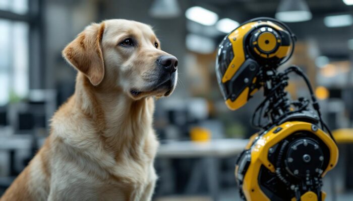A photograph of a healthy yellow labrador retriever standing alongside a sleek industrial robot in a modern workspace