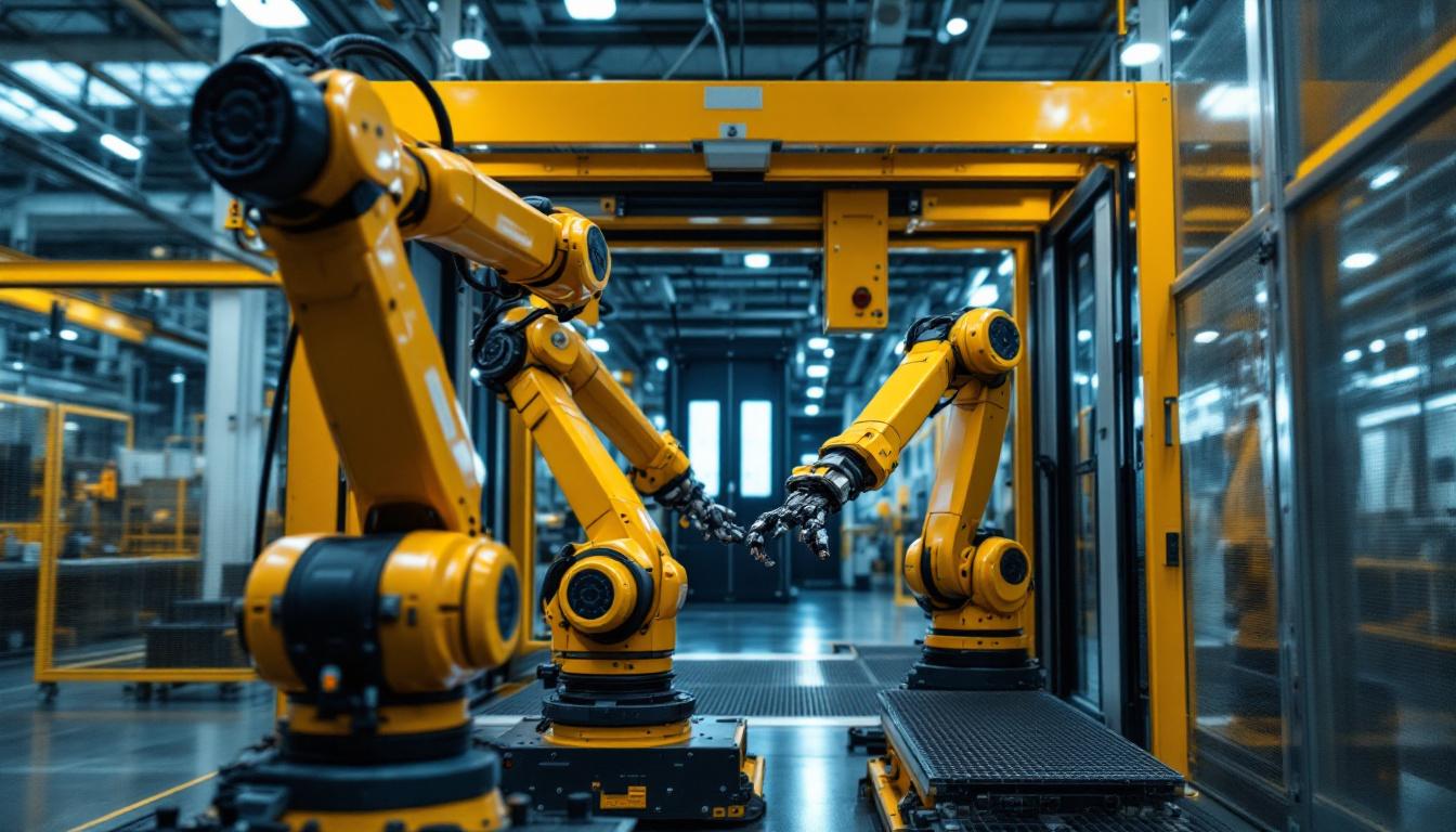 A photograph of a dynamic industrial setting featuring robotic arms in action