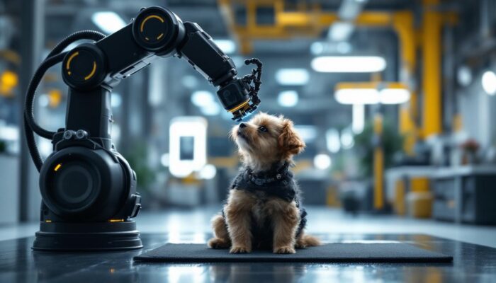 A photograph of a small dog interacting playfully with a robotic arm or industrial robot in a bright