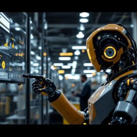 A photograph of a sleek industrial robot in action within a modern manufacturing environment