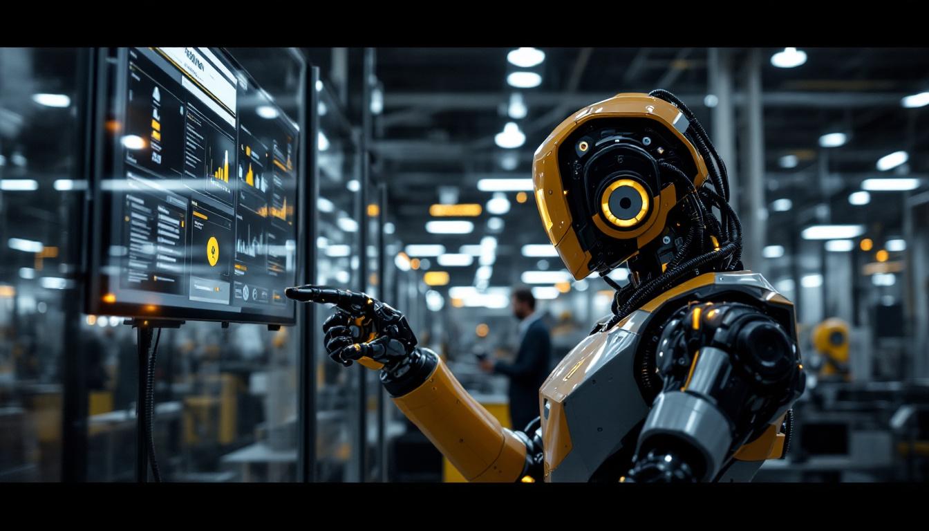 A photograph of a sleek industrial robot in action within a modern manufacturing environment