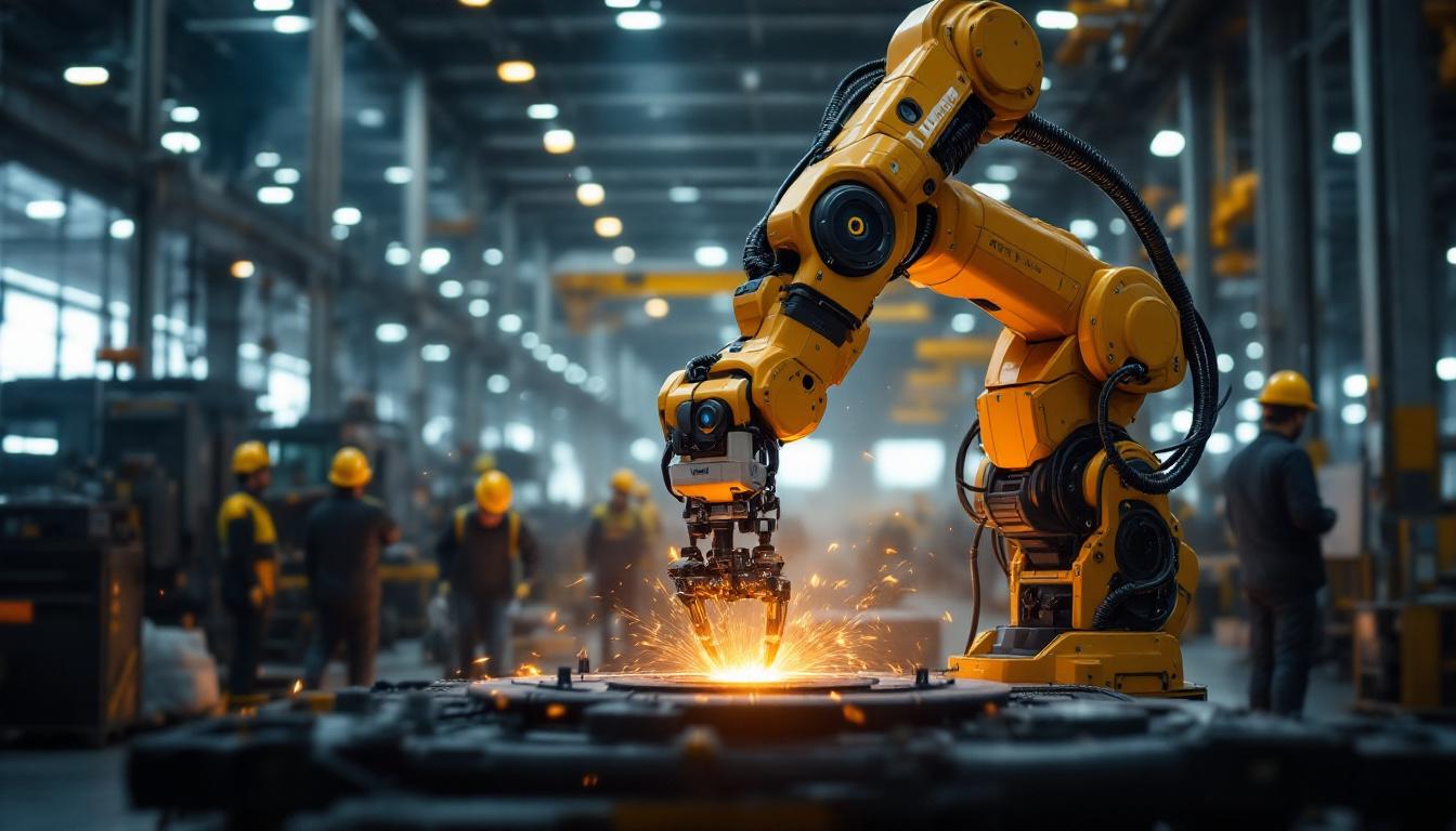 A photograph of a dynamic industrial setting featuring an atlas robot in action
