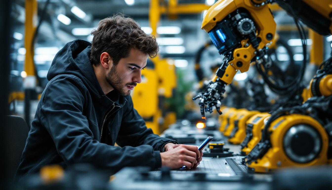 A photograph of a biomedical engineering student working alongside industrial robots in a lab setting