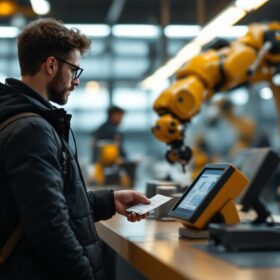 A photograph of a person purchasing a marc train ticket at a station