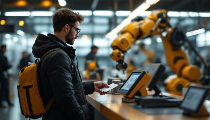 A photograph of a person purchasing a marc train ticket at a station