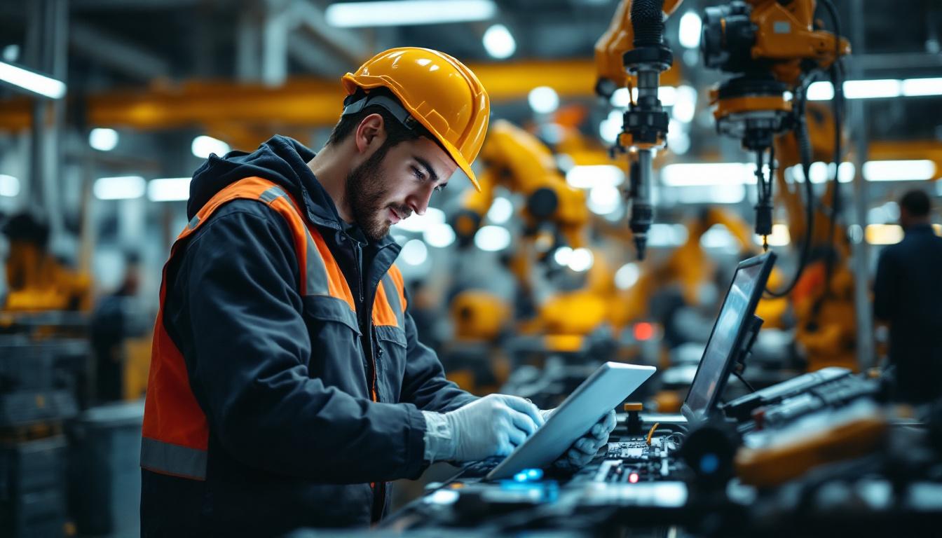 A photograph of a young industrial engineer working collaboratively in a modern manufacturing facility