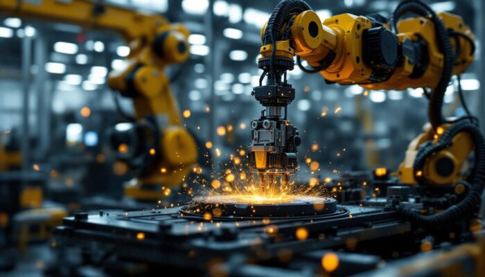 A photograph of a dynamic industrial robotic arm in action