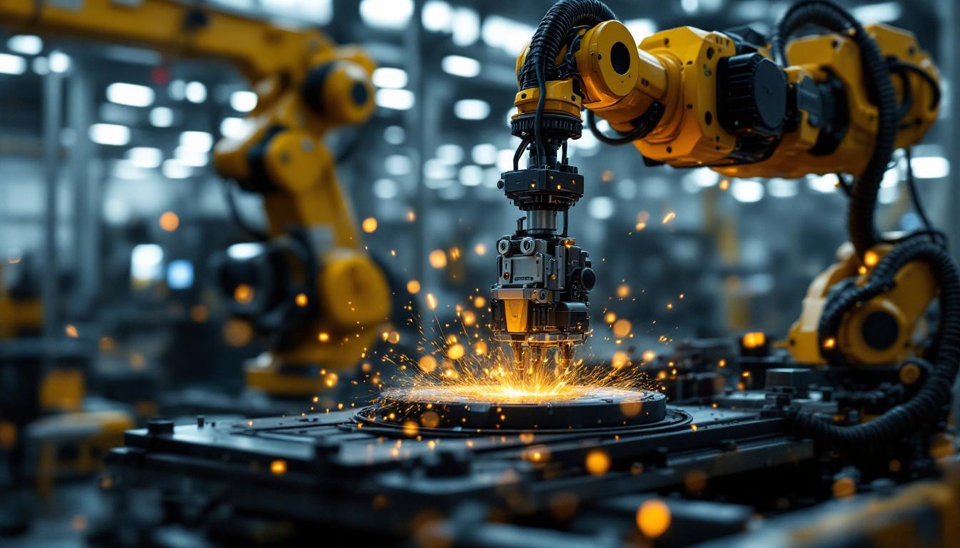 A photograph of a dynamic industrial robotic arm in action