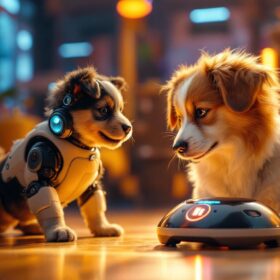 A photograph of a playful dog interacting with a high-tech digital toy