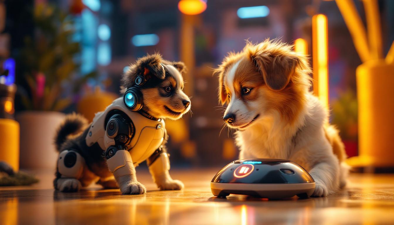 A photograph of a playful dog interacting with a high-tech digital toy