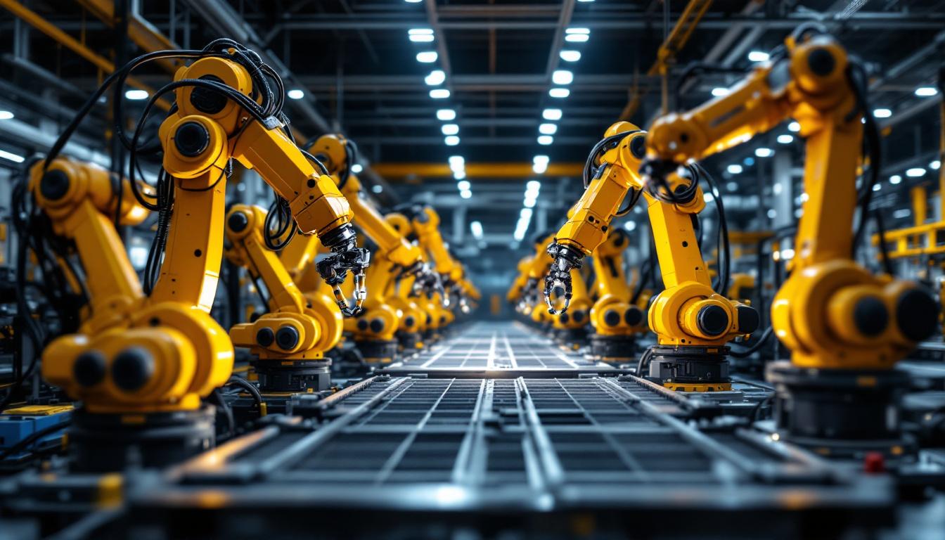 A photograph of a dynamic industrial setting showcasing a variety of advanced robotic arms and automation systems in action