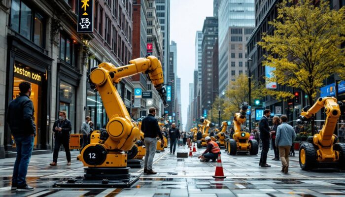 A photograph of a bustling boston street scene featuring diverse professionals in various industries