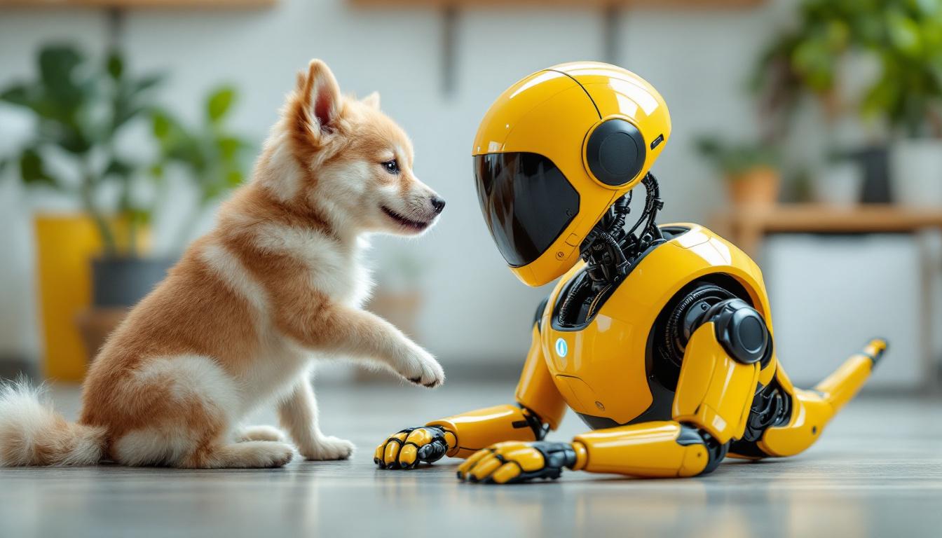 A photograph of a dog interacting playfully with a humanoid industrial robot in a vibrant setting