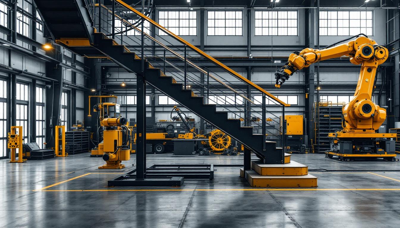 A photograph of a well-designed l-shaped staircase in an industrial setting