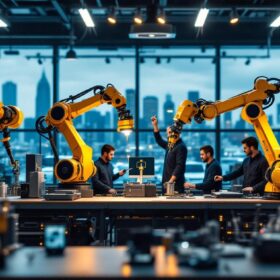 A photograph of a dynamic industrial robotics workspace in boston