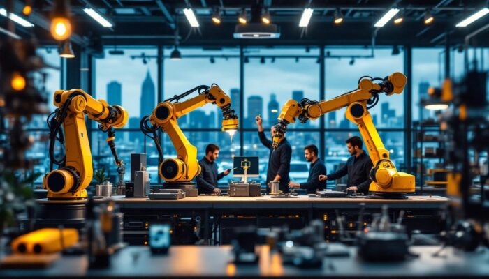 A photograph of a dynamic industrial robotics workspace in boston