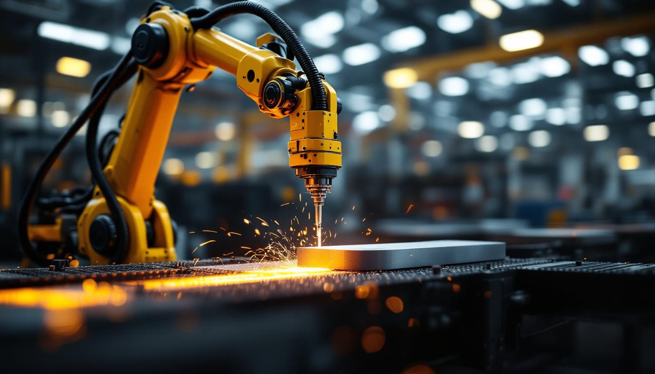 A photograph of a dynamic industrial setting showcasing a robotic arm performing a spot load operation