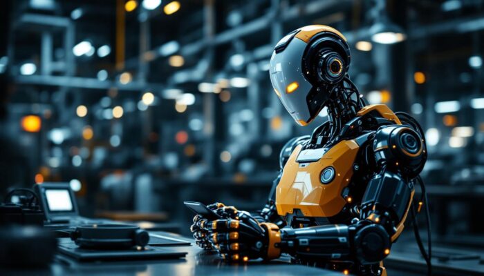 A photograph of a modern industrial robot in action within a manufacturing environment
