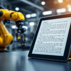 A photograph of a small tablet displaying an e-book or reading app