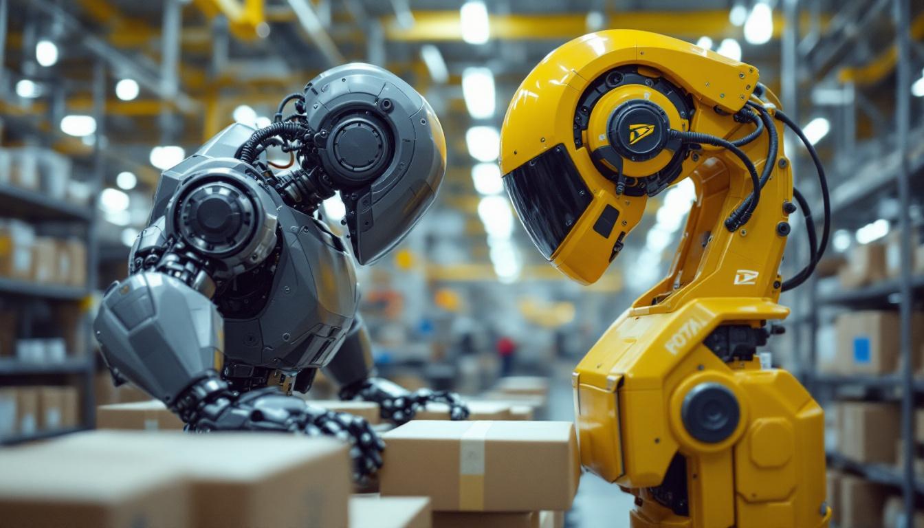 A photograph of a postal worker in uniform interacting with an industrial robot in a modern sorting facility